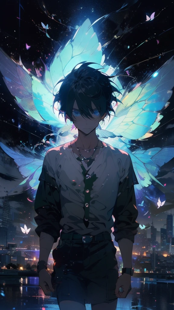 1 anime boy, alone,Black petals flutter, A mysteriously shining butterfly.city,thin legs,Gloomy cloudy sky,sad expression,very clear,highest quality,city,standing on the street corner,Are crying,tears,close up of face,
,The world in the book,Scenic center