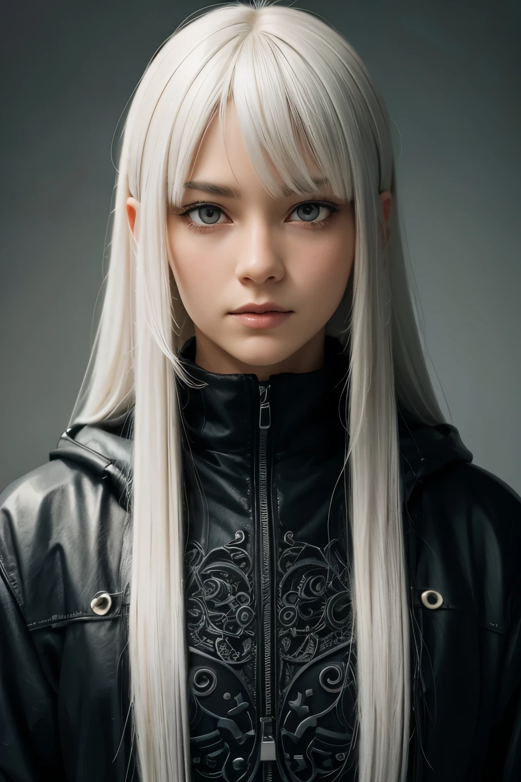 style of Tsutomu Nihei,(incredibly absurdres, (high resolution:1.18), intricate detail, (masterpiece:1.1), (highest quality:1.1), absurdres),(1girl, portrait, white hair, orange eyes, long hair, detailed eyes),