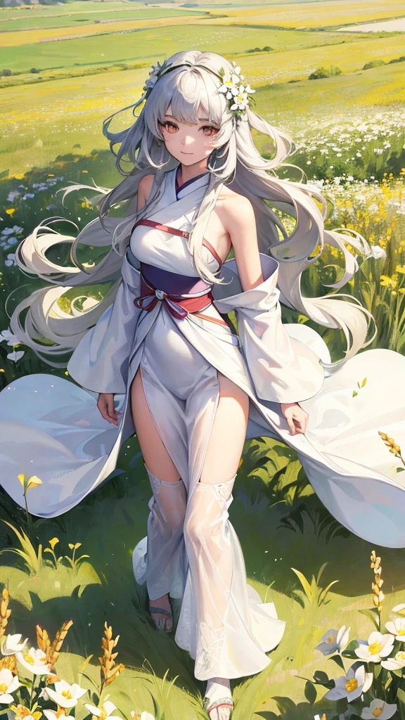 artwork, best quality, ultra high resolution, detailed illustration, portrait, detailed, 1 girl standing in the wheat field, solo, long hair, dress, flower, white hanfu, smile, full body, white flower, bare shoulders, very long hair, water hair, closed mouth, front viewer, bangs,