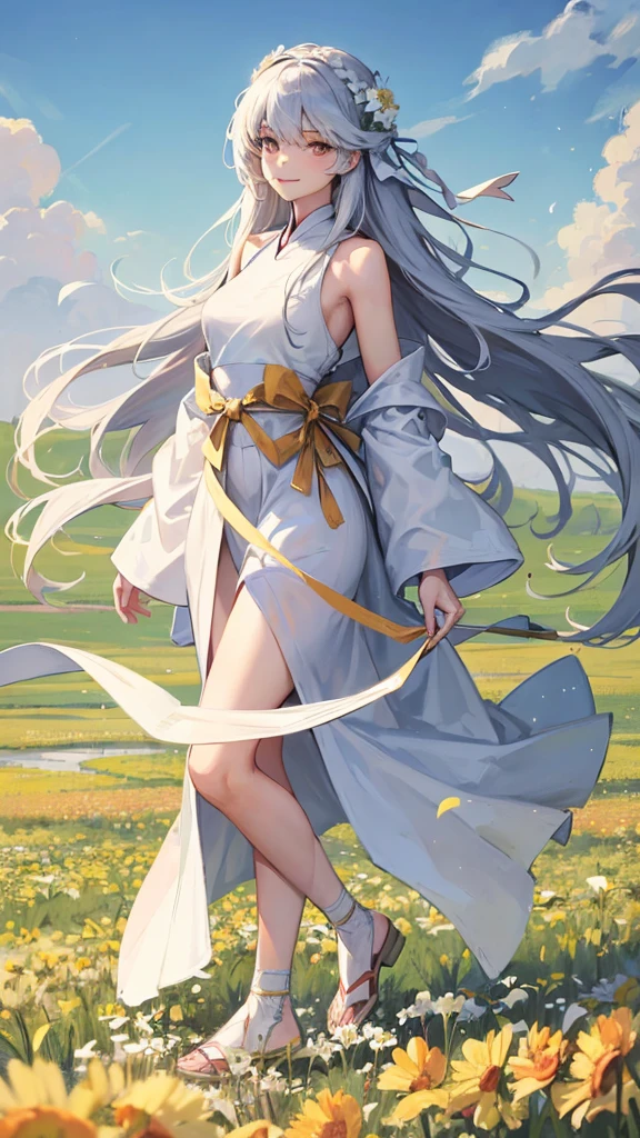 artwork, best quality, ultra high resolution, detailed illustration, portrait, detailed, 1 girl standing in the wheat field, solo, long hair, dress, flower, white hanfu, smile, full body, white flower, bare shoulders, very long hair, water hair, closed mouth, front viewer, bangs,