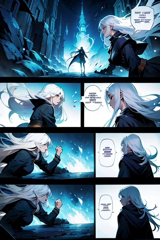 Girl with long white hair fighting a wizard , manga page with panels and dialogue