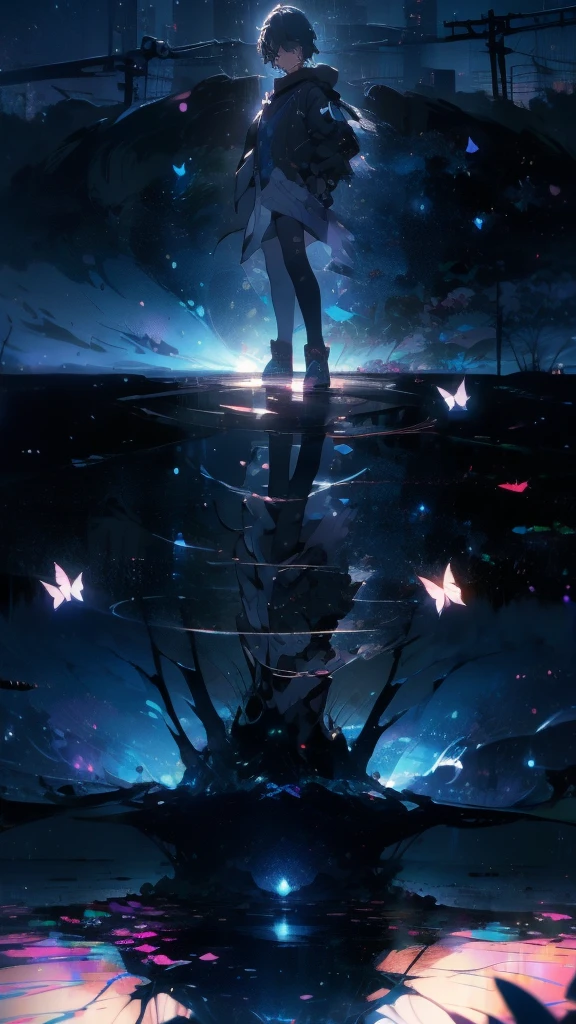 1 anime boy, alone,Black petals flutter, A mysteriously shining butterfly.city,thin legs,Gloomy cloudy sky,sad expression,very clear,highest quality,city,standing on the street corner,Are crying,tears,close up of face,
,The world in the book,Scenic center