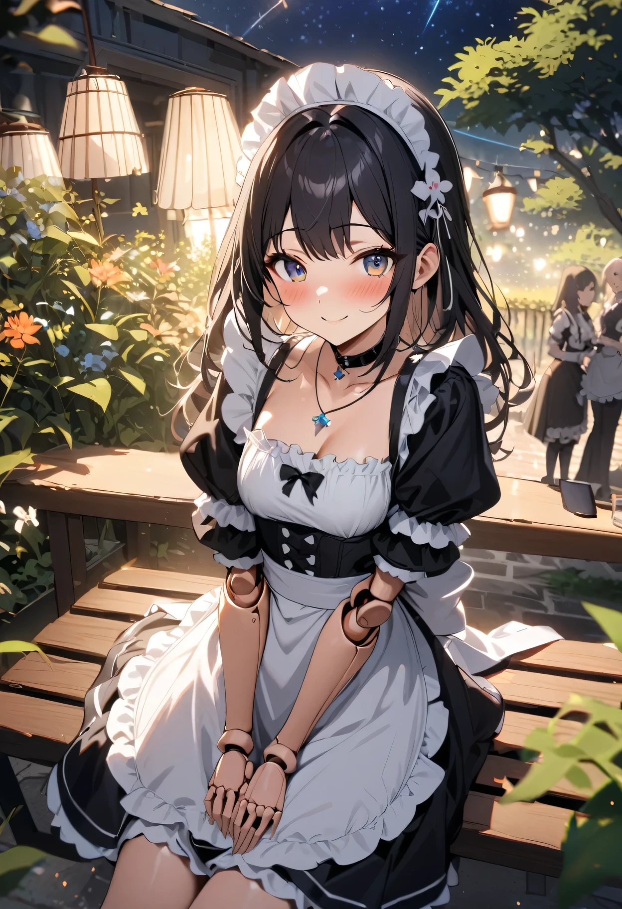 30 years age women, wear maid dress off shoulder, stocking, perfect face, beautiful eyes, black long Hair in two pigtails, sleep in the bench of the city in midnight, smile, Wearing a headband, black eyes, variation angle, closed up