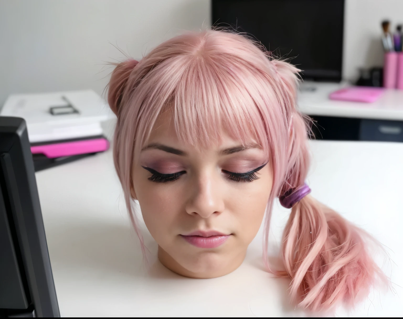 ((disembodied head on desk)), young, wearing makeup, pink hair in pigtails, extremely detailed skin texture, (eyes closed), (realistic), realistic natural lighting, (best image, best quality)