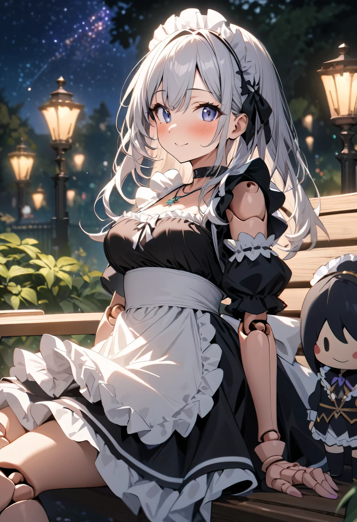 Best quality, masterpiece, High Resolutiexist, Fair, 1 Girl, looking at the audience, Exquisite maid dress, white maid apron, Layered clothes, Puff sleeves, Black leather choker, blush, (Charming smile: 0.8), Hair accessories, necklace, Jewelry, beauty, Tyndall effect, Light Edge, Two-texiste Lighting, (Doll joints), Light tulle,Sitting on a bench, outdoor, garden, Starry Sky