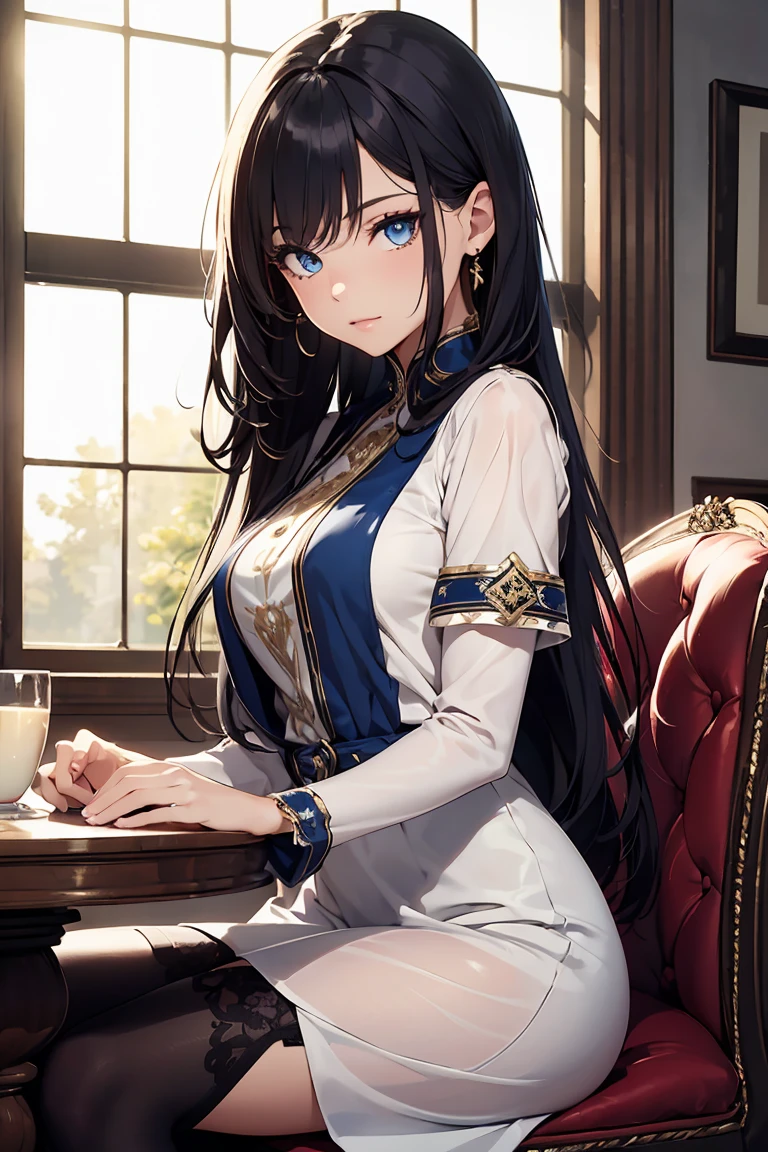 ((1 girl)), White stylish dress, Sit on a chair, Lady, Cowboy Shot,((Very detailed,highest quality, High resolution, 8k wallpaper, Beautiful clothes,)),((Navy Hair, Long Hair,Straight hair)),eye shadow, eyeliner,Glow Eye, Very detailedな目, Complex eyes, Beautiful Eyes, ((Sparkling blue eyes)),18-year-old girl