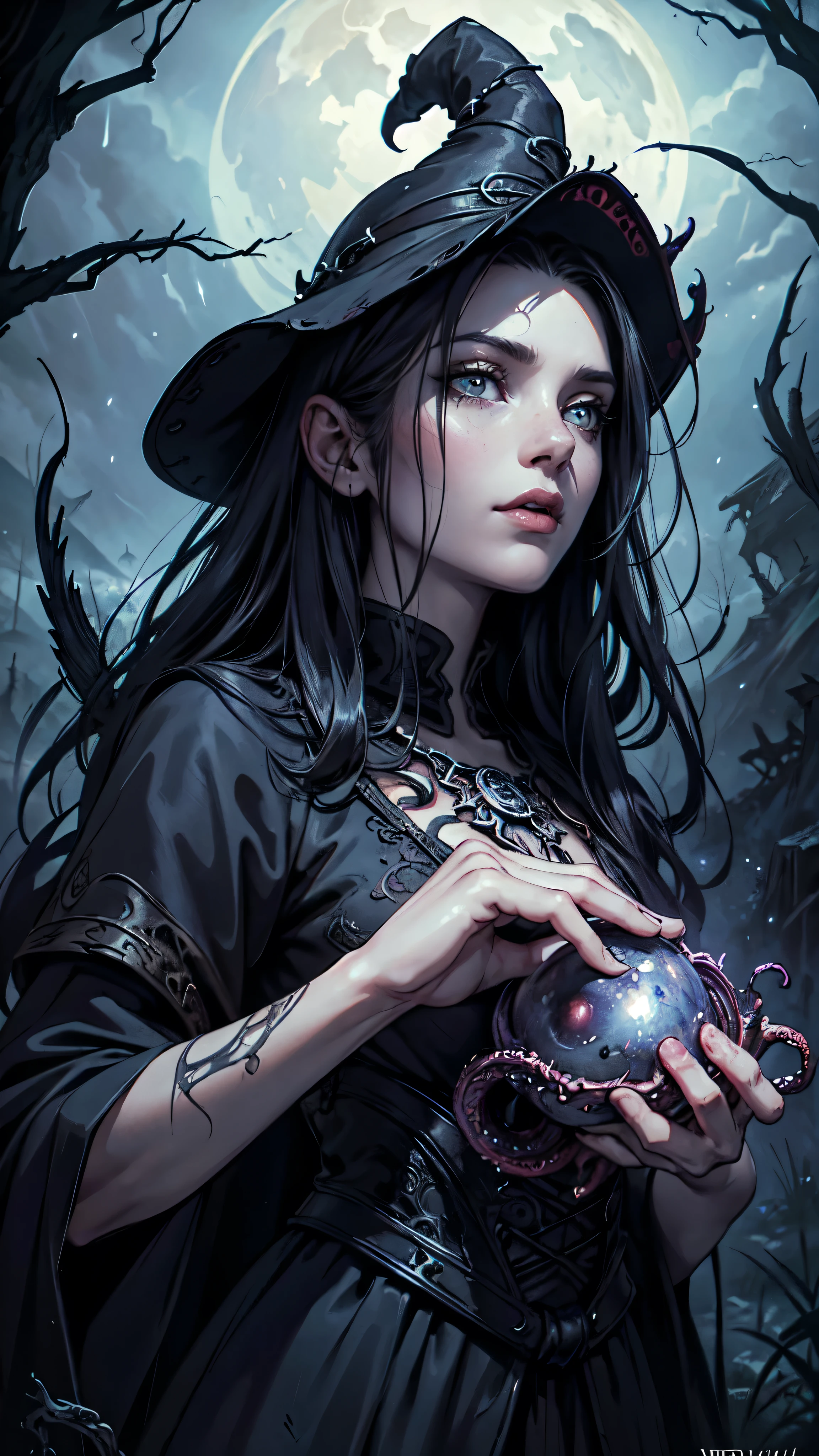 a young and beautiful woman, with black hair and light eyes, with a naked body and a necklace around her neck, holding a book and invoking a humanoid cosmic entity with blue eyes, a smile with a mouth with sharp teeth and black tentacles on her back, in the background black illustration, cosmic horror style.