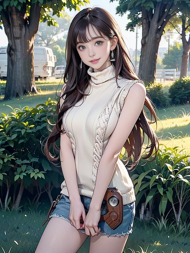 ((((best quality))))、(((Super fine CG16K wallpaper)))、(((傑do)))、(((Super detailed)))、(((Extreme details)))、((１Mature 29 year old woman:1.6))、((Very beautiful Japanese face))、((do々hope:1.5))、((Medium straight hair、Bangs:1.5))、(Shiny Blonde Hair)、beautiful delicate eyes、Brown eyes、Eyeliner、Eyeshadow、high nose、Small nostril、Little mouth、Tempting lips、beautiful breasts、((C cup size breasts))、beautiful feet、octagonal body、Perfect proportions、Perfect anatomical structure、Perfect composition、beautiful detailed shading、beautiful, Natural Lighting、beautiful detail glow、Writing border depth、(((High chroma)))、(((real:1.9)))、((vivid:1.5))、((beautiful Skin))、((Texture))、((realな皮膚感))、(((Cowboy shooting:1.6)))、((Front view、Shooting from the front、Front low angle:1.6))、(((Smile:1.5)))、((Women are watching this、looking at the audience、Facing forward:1.6))、bright  daylight、Natural light、(((grass square、Trees:1.5)))、(Walking posture:1.6)、(((Ivory Turtleneck Sleeveless Long Sweater:1.6)))、((scarf、Wearing earrings:1.3))、((knee high socks apparel:1.3))、