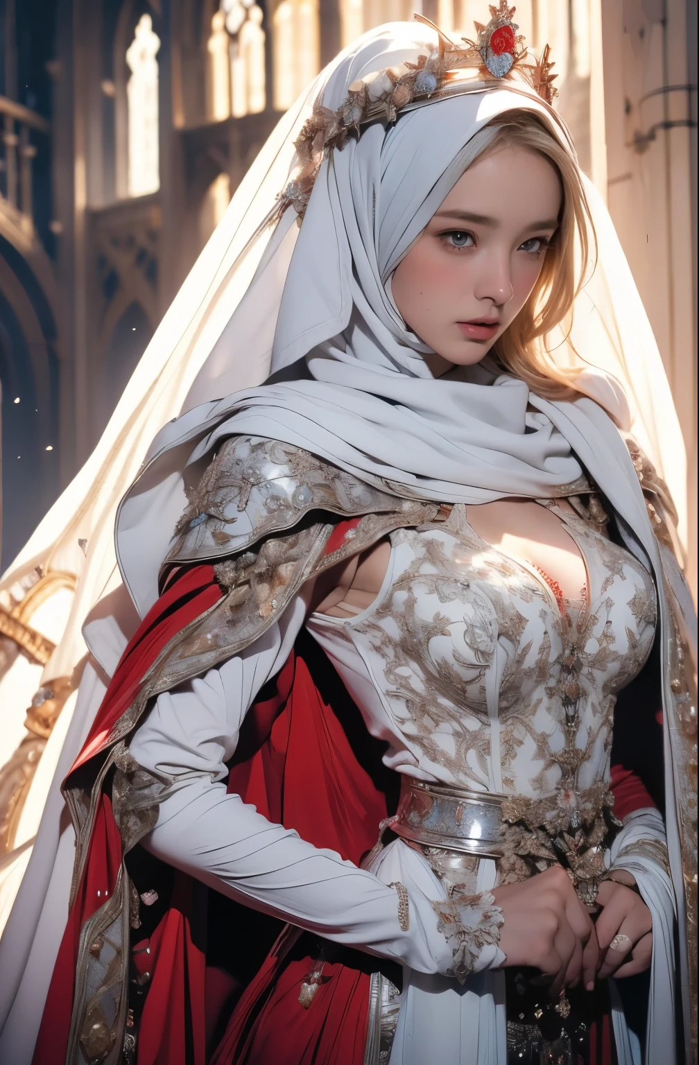 Elegant armor,princess, Full body, wearing a hijab , crown luxury , blue eye, blond hair, around 17 years old, (red silver hijab), tmasterpiece，Best quality at best，A high resolution，8K，((Portrait))，(upper body)，Original photo，real photograph，digital photography, (Medieval angel princess in fantasy style), sexy princess ，blue eye， super colossal brest, pointy colossal breast extravagant ornament，cparted lips，Keep your mouth shuegant and charming，((Blushing))，virgin contempt，Calm and handsome，(Medieval fantasy dress，The Beautiful super huge pointy breast, small waist, perfect colossal breast of princess body, a blue delicate pattern，red Cloak)，(anhelic princess character medieval fantasy style，oc render reflection texture, sexy style,  sexy colossal breast , medieval castle background, slim body, very small waist, (erect nipples see trough dress) nipples see-through white long dress , super slim , sexy style, angel 4 wings