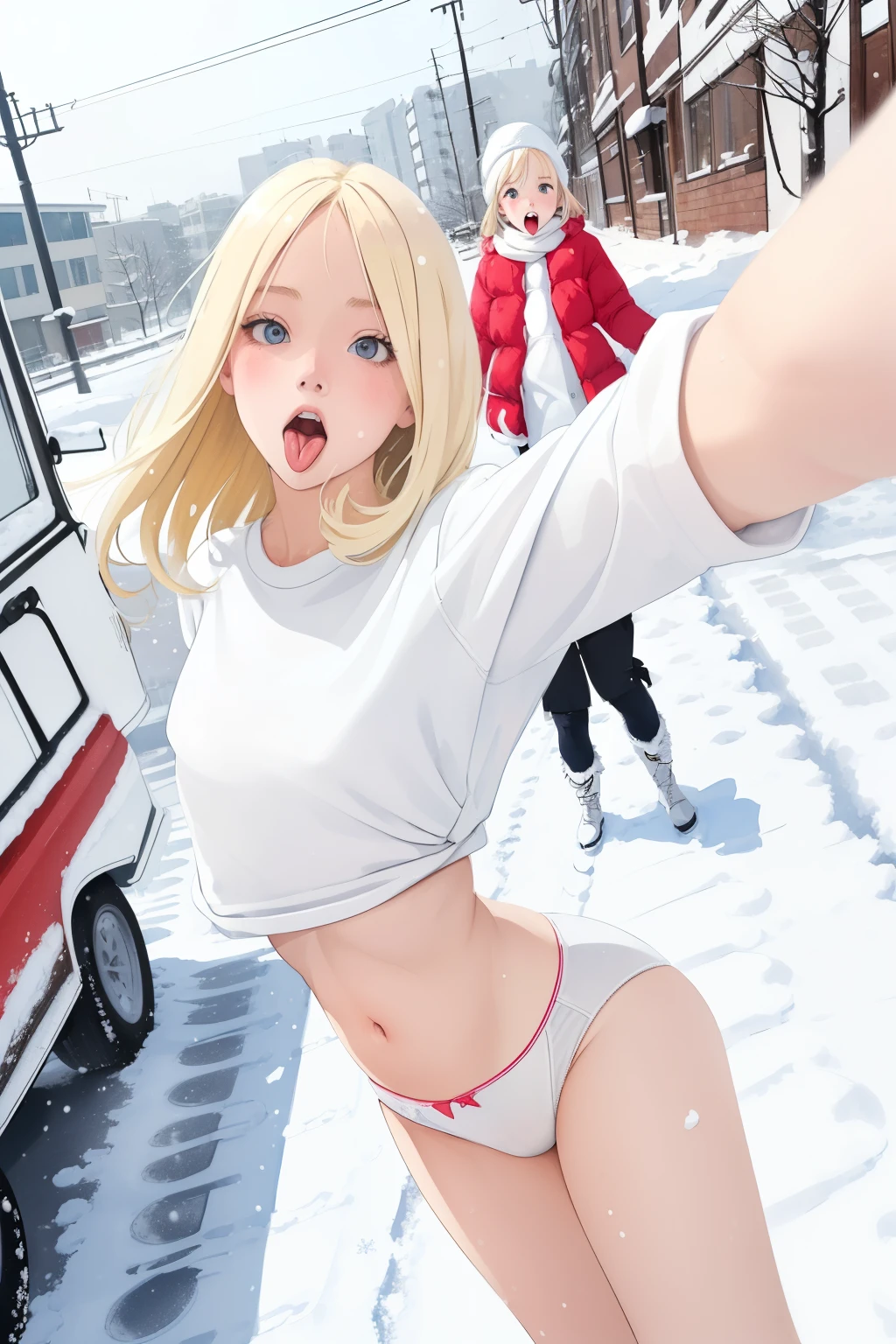 (superflat, flat shading, flat colors:1.1), (winter:1.2), (snow:1.2), (city street), (2girls), , , blonde hair, white t-shirt, (white panties:1.2),  blush, open mouth, (show tongue), selfie, view from below, (low angle), winter, snow, bright sunlight, vibrant colors, best shadows, watercolor,, panties pulled aside, pussy 