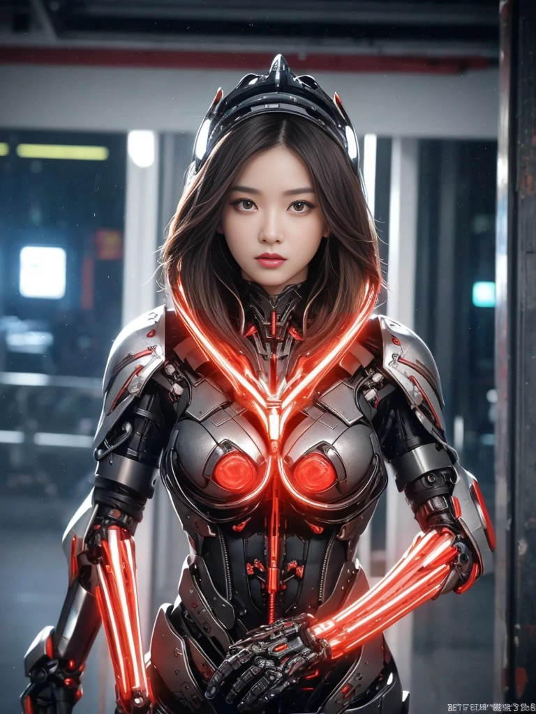 (1 mechanical girl)、Top quality、masterpiece、Ultra-high resolution、(Realism:1.4)、RAW photos、1 girl、blonde、Glowing skin、(((1 mechanical girl)))、(LED light mechanical helmet)、(小LED)、((Ultra-realistic details))、porch、Global Illumination、shadow、Octan Rendering、8K、Super sharp、huge 、Bare skin is exposed in the cleavage、Metal、Intricate decorative details、Japan Details、Extremely complex details、Realistic lighting、CGSoation trends、Red Eyes、radiant eyes、face camera、Neon details、(Mechanical limbs)、(Blood vessels connected to the tubes)、Mechanical vertebrae attached to the back、Mechanical cervical fixator、(Wires and cables to the head)、Gundam、小LED、,Mechanical Thigh、Tustock、