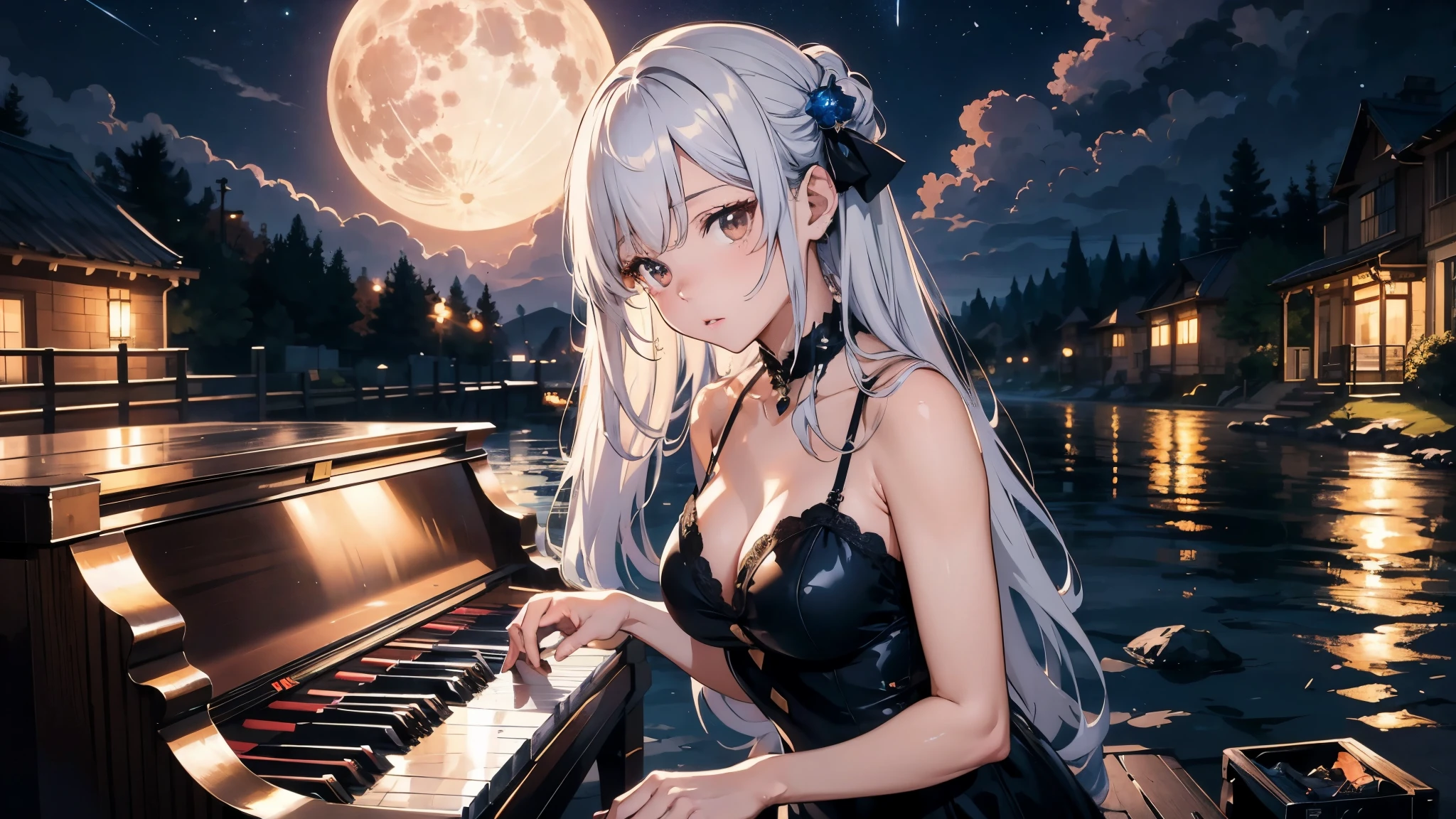 High quality masterpiece, landscape, Anime Style、piano、A luxurious stage、７Color Spotlight、The full moon casts a soft silvery light on the earth.。There is not a single cloud in the night sky、The stars are twinkling、The moonlight has an overwhelming presence。 pianoを持っている人はいない、style, reflection,, Beautiful anime scene, 強化されたdetailed, break,detailed,Realistic,Highly detailed digital art in 4K,8K resolution concept art, realism,masterpiece,highest quality,Official Art,shape,Clear lines,Perfect composition,Absurd, concentrate,Three-part method