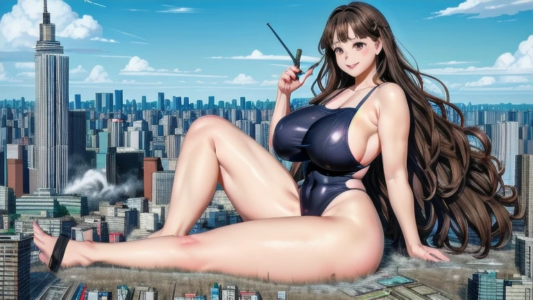 (highest quality、High resolution、Detailed Background)、(Highly detailed beautiful face:1.4)、cute age girl、Brown hair or cute hair color、Huge breasts、Realistic、Perfect body line、cute、Beautiful girl taller than a building、aerial photograph、aerial photograph、Sit in the building、Destroying the city with a smile、
(A giant girl bigger than a skyscraper destroys the city of Shibuya:1.5)、cute swimsuit スクール水着