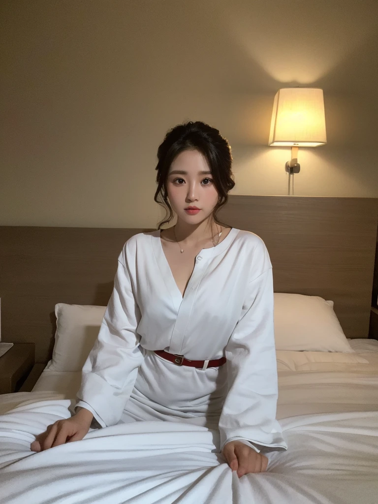 (best quality, 8K, masterpiece:1.3)) , (one person: 1.4), 1 Girl, A Korean woman, goddess, 30 years old, realism, clothing photography, bedroom bed, Side Light, God's Perspective, Portrait Photography, Canon DSLR, Focus aperture F.2, FOCAL LENGTH 85MM, ( Upper Body: 1.2), Posing for photos in a knee-length skirt, cleveage, Skirt length above the knee, Brown dress, Clothes color random, Black long hair, Double eyelids, black eyes, detail, Long eyelashes, Snow white skin, Delicate skin texture, (Close-up of face), Pozi Style Dress, Posi-style cut, Suit skirt, Business Attire, Business Skirt, Business Skirt, detailed dress detail, Fine fabric texture