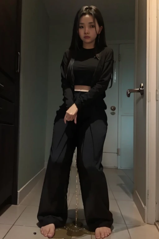 Malay Girl sees the ghost and pees her black palazzo pants until her pants are wet in fright.