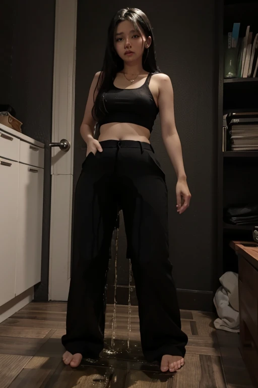 Malay Girl sees the ghost and pees her black palazzo pants until her pants are wet in fright.