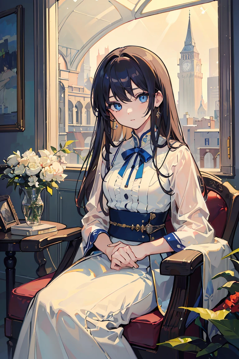 ((1 girl)), White stylish dress, Sit on a chair, Lady, Cowboy Shot,((Very detailed,highest quality, High resolution, 8k wallpaper, Beautiful clothes,)),((Navy Hair, Long Hair,Straight hair)),eye shadow, eyeliner,Glow Eye, Very detailedな目, Complex eyes, Beautiful Eyes, ((Sparkling blue eyes)),18-year-old girl,tonality, Romanticism, modern art, Impressionism, reflected light, 8k, masterpiece, Advanced Details, highest quality, Accurate