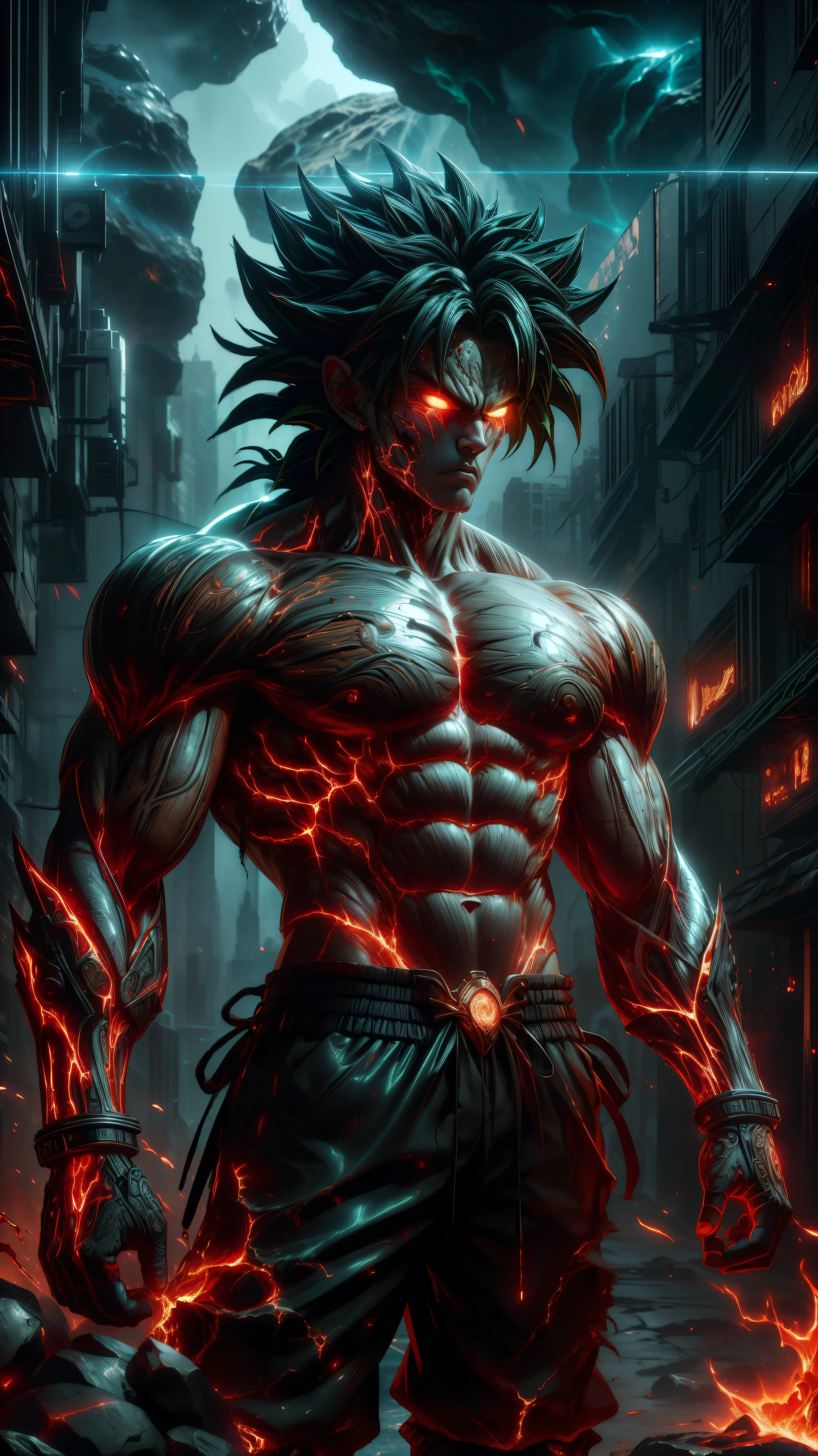 (absurdres, highres, ultra detailed)(masterpiece), (extremely intricate:1.3), (realistic),cyberpunk city,Cinematic Lighting,4k,(masterpiece), (1Broly:1.2),upper body, nvwashireg, burnt clothes,(glowing skin:1.3),(((molten rock skin)))