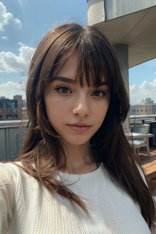 (Solo:1.3)), 1Girl, Best Quality, Realistic, Photorealistic, Best Quality, Masterpiece, Very Delicate and Beautiful, Very Detailed, (Selfie:1.2), Fine Detail, Ultra Detail, High Definition, Very Detailed, Realistic, Ultra High Definition, Best Quality, Ultra High Definition, (Real:1.4), High Quality Texture, Wearing White and Thin Summer Knit, On Rooftop, Bangs, Long Hair , afternoon light, spectacular sky and clouds
