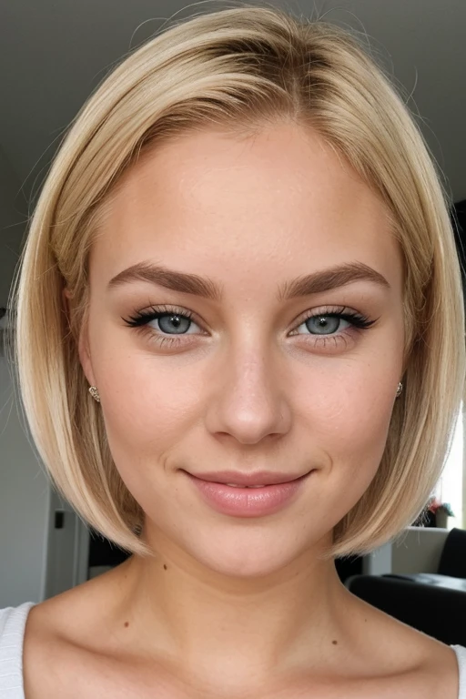 21 year old Scandinavian glamour model, detailed eyes, eyelashes, forehead, short hair, blonde hair, looking at viewer, smile