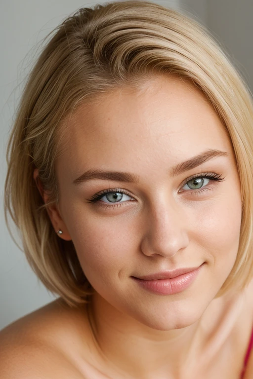 21 year old Scandinavian glamour model, detailed eyes, eyelashes, forehead, short hair, blonde hair, looking at viewer, smile