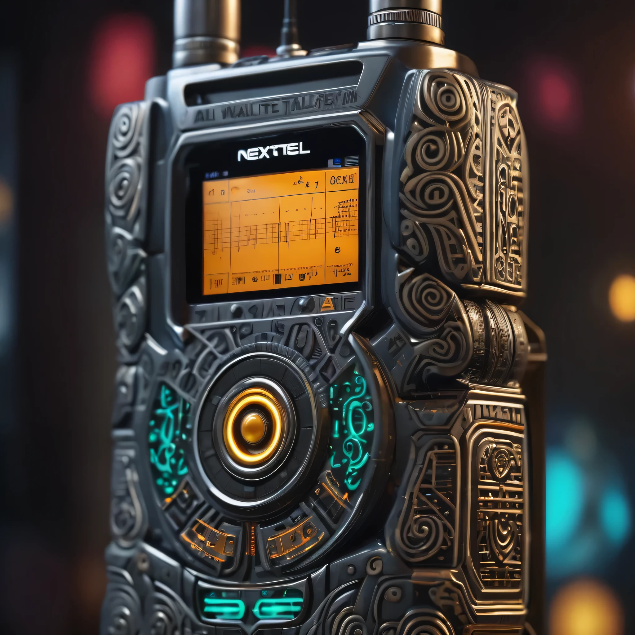 centered, close up, a walkie talkie with tribal african symbols, walkie talkie radio, Nextel, big antenna, ultra quality, 8K, very detailed, cinematic light, orisha, afrofuturism, african symbols, cyberpunk
