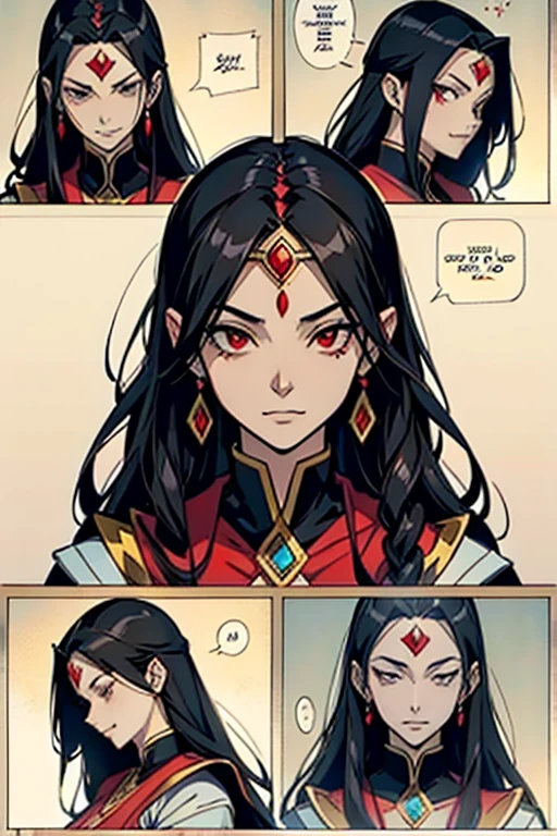 Empress with black hair and red diamond on forehead being cursed , manga page with panels and dialogue 
