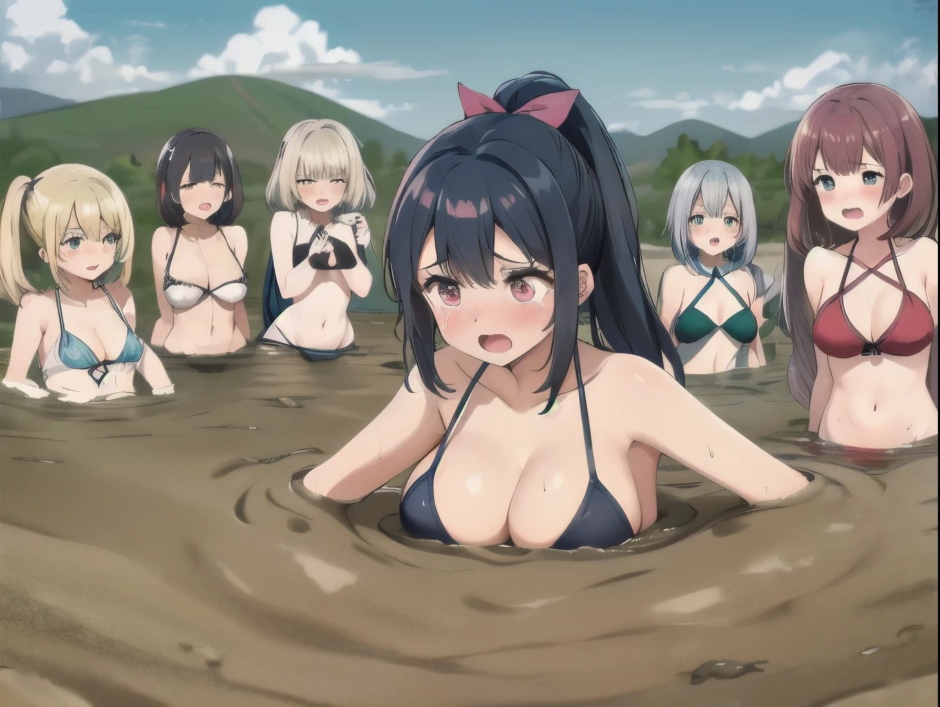 best quality, female, multiple girls, group submerged, standing, front view, muddy, swimsuit, large breasts, wasteland, desert, best quality, sinking, quicksand, 6girls, crowded, close up, sand, multiple girls, slender, blonde hair, black hair, blue hair, silver hair, red hair, pink hair, green hair, 6 girls, sukumizu, tears, blush, arms behind back, drowning, wrapped by quicksand, 6 girls in quicksand, top, desertscape, 6girls together, scream, struggling, drowning, 6 girls drowning, 6 girls wrapped by quicksand, eye glasses, brown skin, twin tails, bow shaped hair, ponytail, aichan, arisa ayase