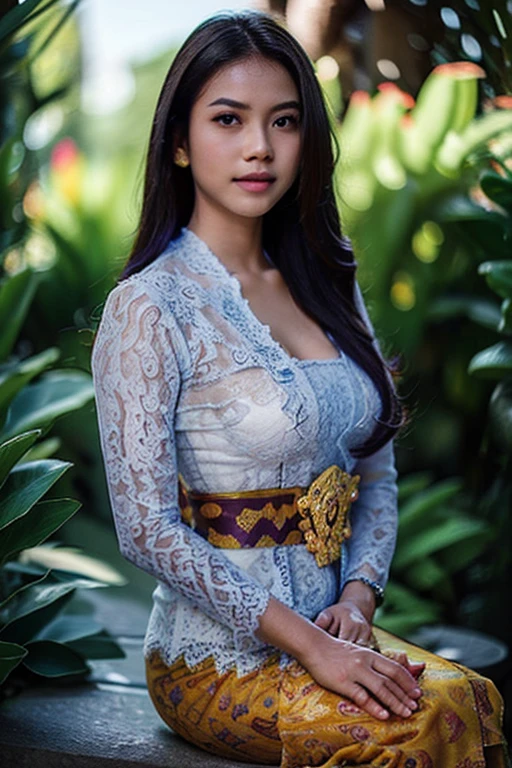 1 Indonesian-Dutch girl, 21 years old, long fashion hair, green cupper hair colour, fit body, big breast, cleavage, skintight purple lace kebaya, batik long skirt, masterpiece, highly detailed, ultra hd, 8k, detailed face, bright eyes, perfect eyes, detailed skin texture, detailed lips, sexy lips, perfect hands, dynamic angle, cowboy shot