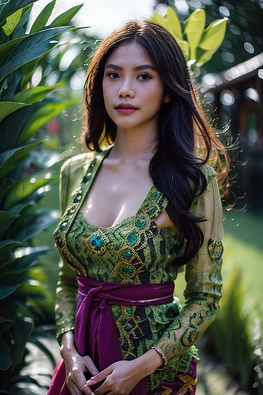 1 Indonesian-Dutch girl, 21 years old, long fashion hair, green cupper hair colour, fit body, big breast, cleavage, skintight purple lace kebaya, batik long skirt, masterpiece, highly detailed, ultra hd, 8k, detailed face, bright eyes, perfect eyes, detailed skin texture, detailed lips, sexy lips, perfect hands, dynamic angle, cowboy shot