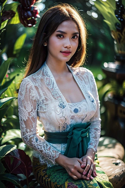 1 Indonesian-Dutch girl, 21 years old, long fashion hair, green cupper hair colour, fit body, big breast, cleavage, skintight purple lace kebaya, batik long skirt, masterpiece, highly detailed, ultra hd, 8k, detailed face, bright eyes, perfect eyes, detailed skin texture, detailed lips, sexy lips, perfect hands, dynamic angle, cowboy shot