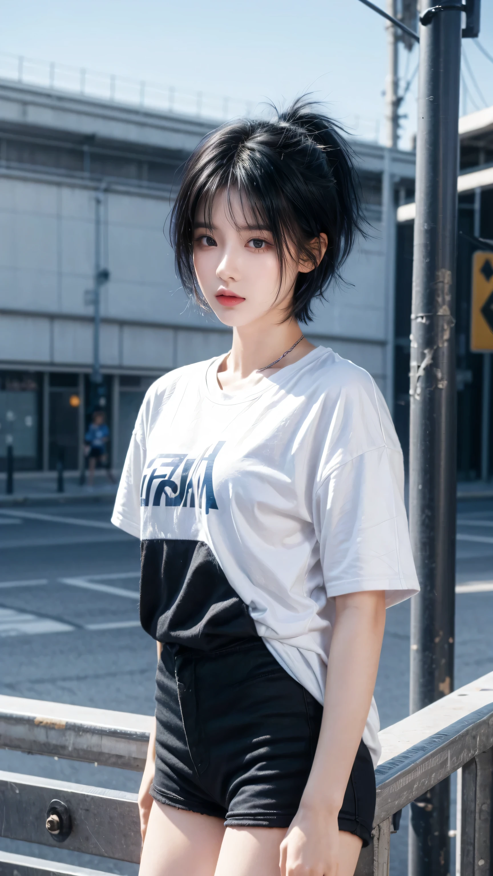 best quality, 1 Girl, dark blue hair, black eyes, Very short hair, Spiky hair, 171 cm, Messy hair, Hair between the eyes, Medium breasts, full, Tomboy, aldult, 20 years old, 1 Girl playing skateboard athlete