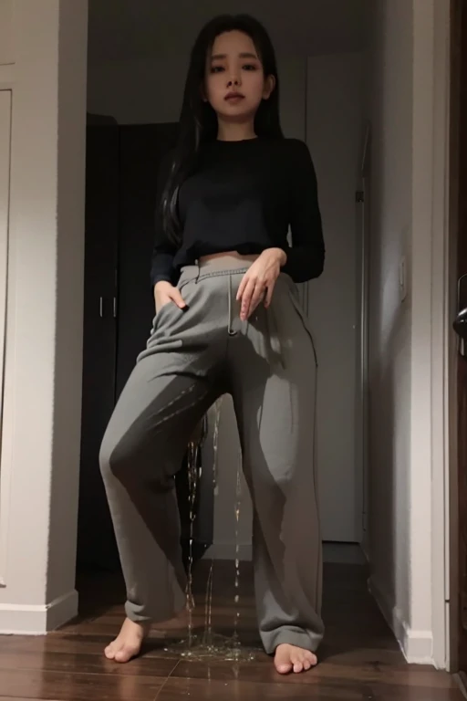 Malay Girl sees the ghost and pees her dark gray palazzo pants until her pants are wet in fright.