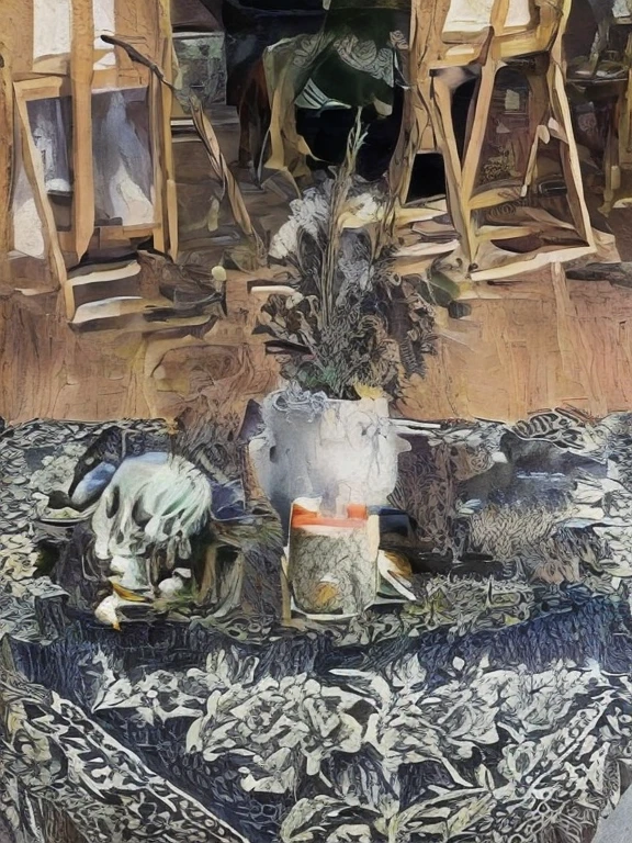 There is a vase of flowers and a skull on the table, There is a skull above the table, dead plants and flowers, Find the object, scattered props, Alchemical items on the side, vanity, Still Life with Carrion, Placed on the altar, Baroque style items, Unusual composition, Dead flowers, altar, Natural Research on Death, Lots of details