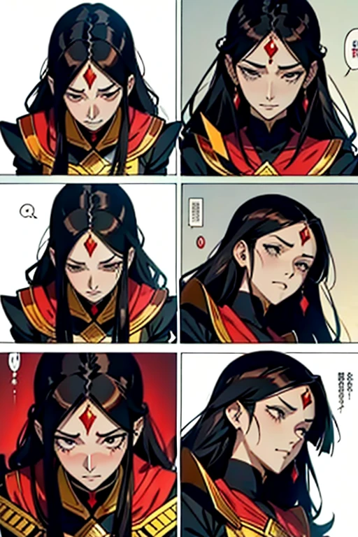 Empress with black hair and red diamond on forehead crying and begging for someone to save her, manga page with panels and dialogue