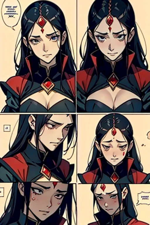 Empress with black hair and red diamond on forehead crying and begging for someone to save her, manga page with panels and dialogue