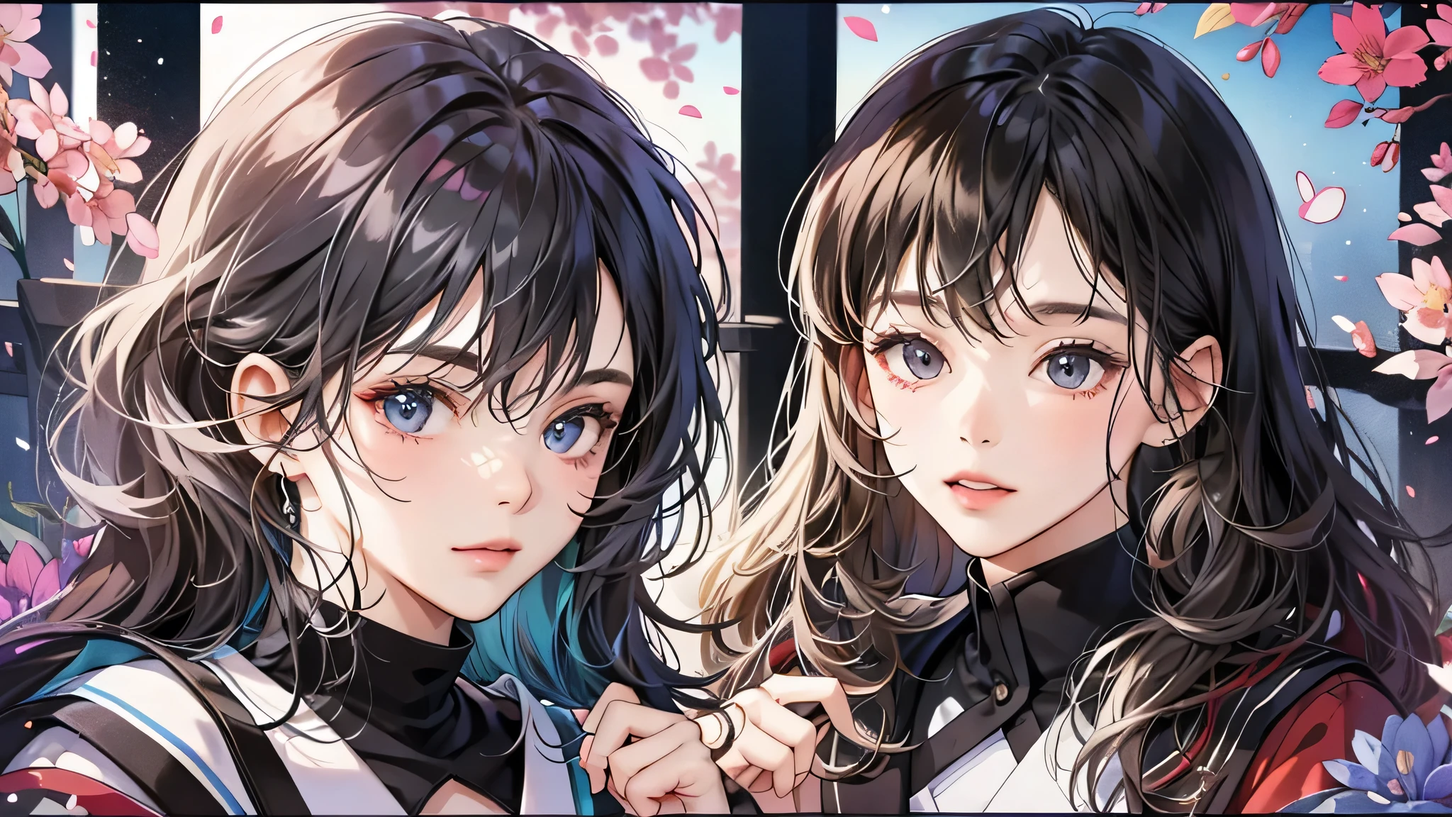 (, high detail, ultra detail, ultra high resolution, 4K, 8K, very detailed, beautiful image, clear image, perfect face, perfect line, Perfect Black Eyes, soft light)  sisters, 2 people