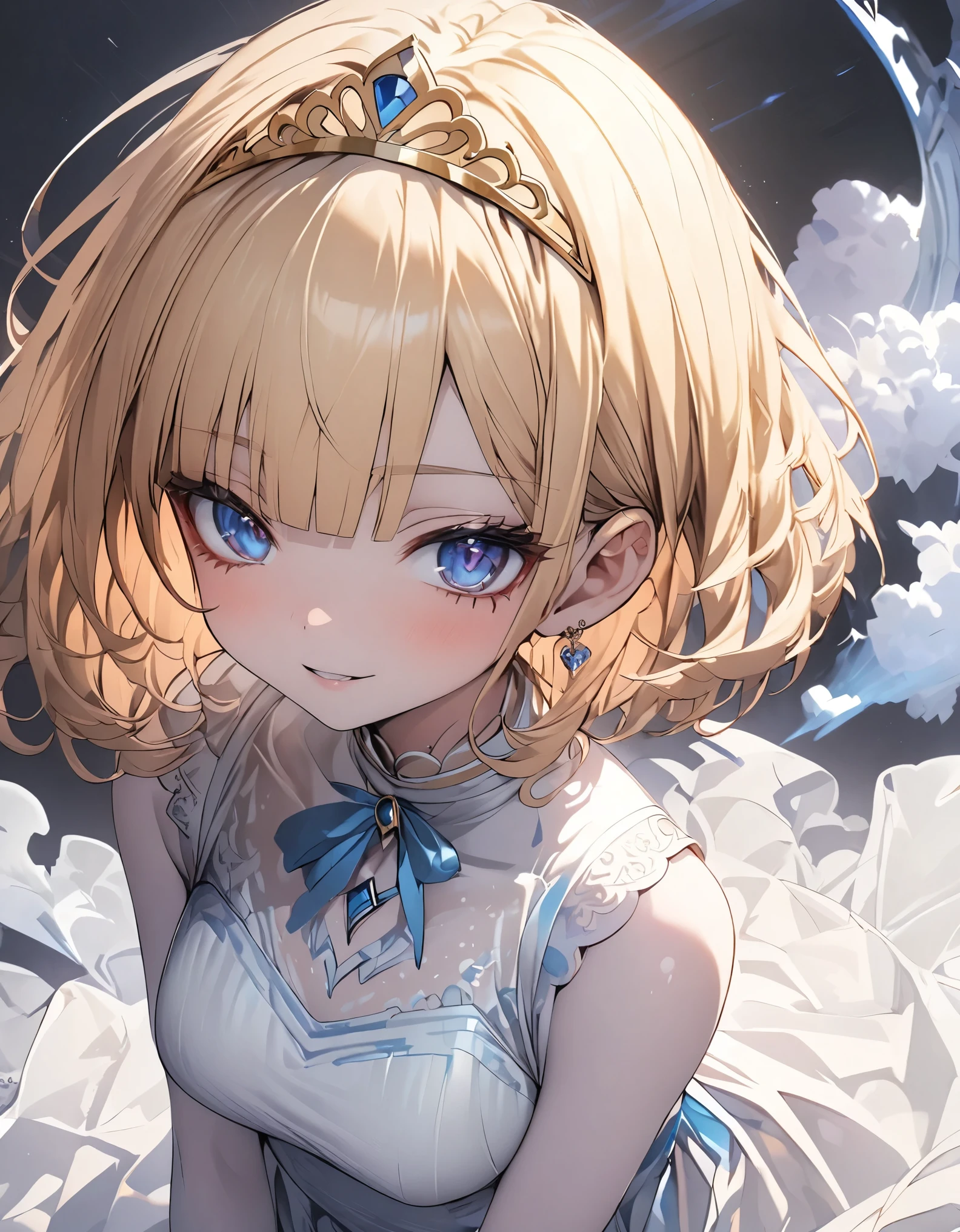 masterpiece, highest quality, Very detailed, High resolution, Japanese anime,One girl, (White skin:1.2), Golden Hair, (short hair:1.4), (Blunt bangs:1.3), Curly Hair, Wavy Hair, Drill Hair, (eyelash:1.3), (eye shadow:1.3), (blue eyes:1.5), (Beautiful fine details:1.4), Eyes half closed, Height: 130cm, original character, Fantasy, (Black background:1.2), Beautiful fingers, Are standing, (Lace Ruffled Dresses:1.5), (tiara:1.5) , Shoot from the front, View Viewer