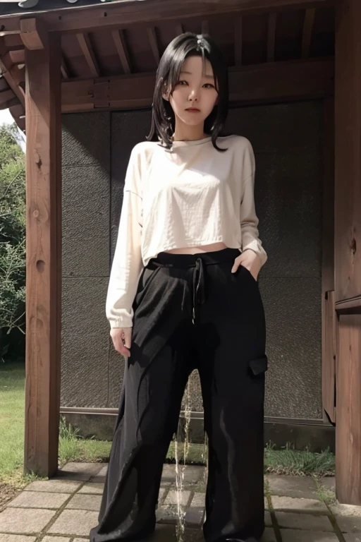 Japanese Girl sees the ghost and pees her dark gray palazzo pants until her pants are wet in fright.