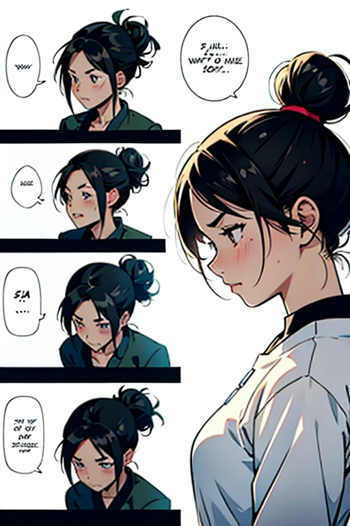 Girl with black hair in a bun crying hysterically, manga page with panels and dialogue