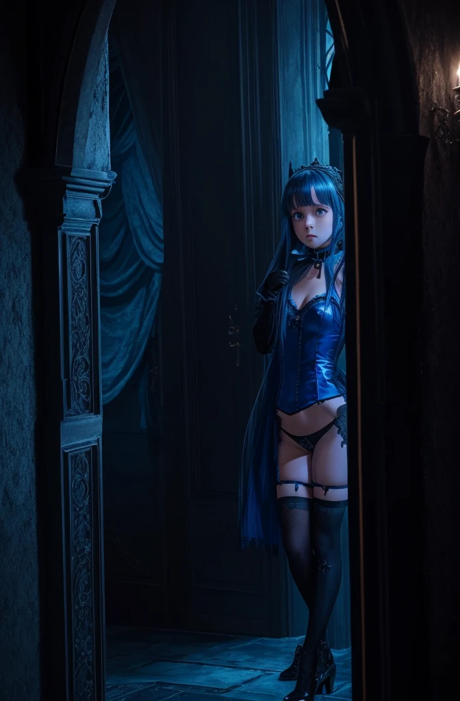 girl, in a dark castle, blue slime, choker, stockings, tricky glance, embarrassed, hits himself on the butt
