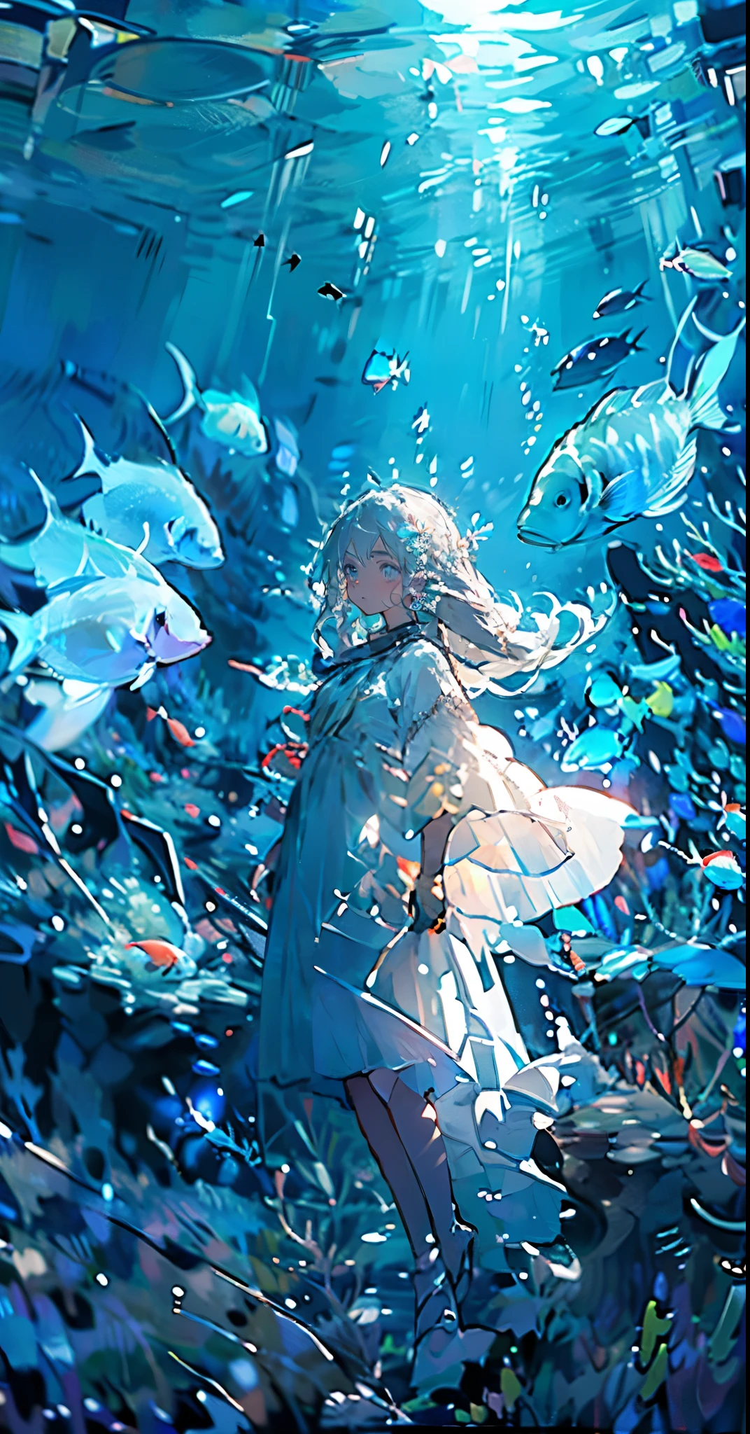 (Piece Fly), (best quality), Very detailed, 1 girl, Perfect face, (Single full body shot:1.3), Very detailed顔，(White long hair:1.5)，(blue eyes:1.4)，(In the water:1.4)，(White Dress:1.5)，ocean，Coral Reef，Small schools of fish，Light，bubble，jellyfish，ocean藻，(深ocean:1.4)，fantasy，ocean底，float