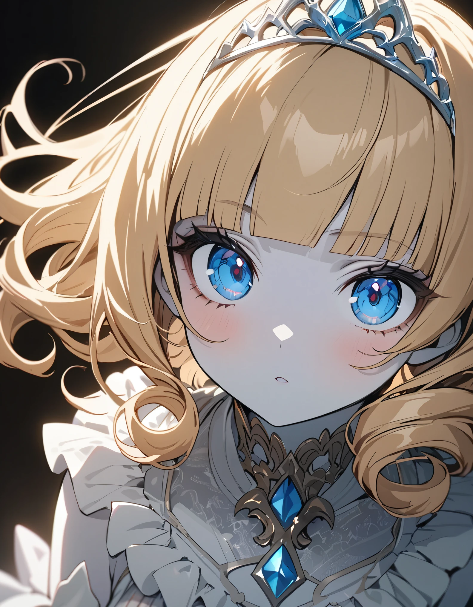masterpiece, highest quality, Very detailed, High resolution, Japanese anime,One girl, (White skin:1.2), Golden Hair, (short hair:1.4), (Blunt bangs:1.3), Curly Hair, Wavy Hair, Drill Hair, (eyelash:1.3), (eye shadow:1.3), (blue eyes:1.5), (Beautiful fine details:1.4), Eyes half closed, Height: 130cm, original character, Fantasy, (Black background:1.2), Beautiful fingers, Are standing, (Lace Ruffled Dresses:1.5), (tiara:1.5) , Shoot from the front, View Viewer