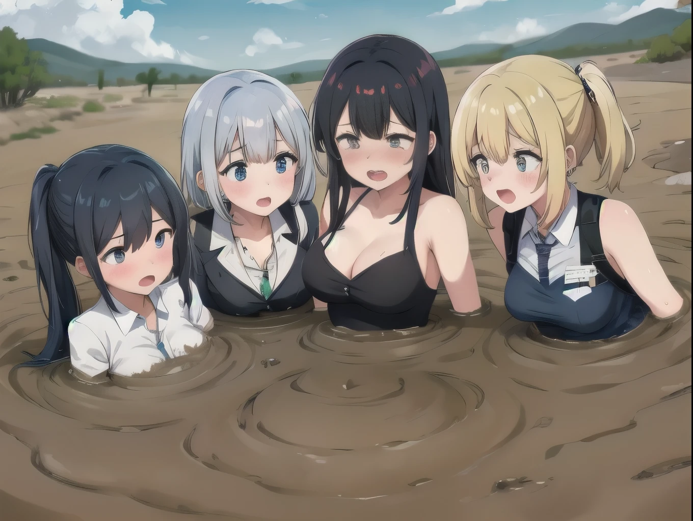 best quality, female, multiple girls, group submerged, standing, front view, muddy, large breasts, wasteland, desert, best quality, sinking, quicksand, 6girls, crowded, close up, sand, multiple girls, slender, blonde hair, black hair, blue hair, silver hair, red hair, pink hair, green hair, 6 girls, sukumizu, tears, blush, arms behind back, drowning, wrapped by quicksand, 6 girls in quicksand, top, desertscape, 6girls together, scream, struggling, drowning, 6 girls drowning, 6 girls wrapped by quicksand, eye glasses, brown skin, twin tails, bow shaped hair, ponytail, aichan, arisa ayase, button-up shirt, pleated miniskirt