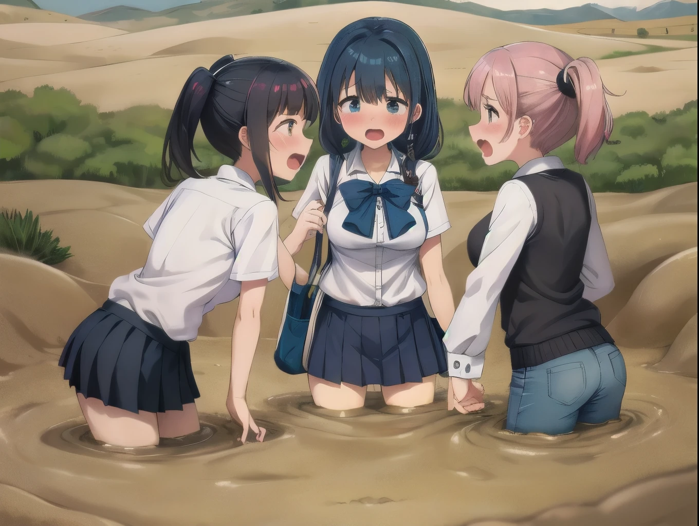 best quality, female, multiple girls, group submerged, standing, front view, muddy, large breasts, wasteland, desert, best quality, sinking, quicksand, 6girls, crowded, close up, sand, multiple girls, slender, blonde hair, black hair, blue hair, silver hair, red hair, pink hair, green hair, 6 girls, sukumizu, tears, blush, arms behind back, drowning, wrapped by quicksand, 6 girls in quicksand, top, desertscape, 6girls together, scream, struggling, drowning, 6 girls drowning, 6 girls wrapped by quicksand, eye glasses, brown skin, twin tails, bow shaped hair, ponytail, aichan, arisa ayase, button-up shirt, pleated miniskirt