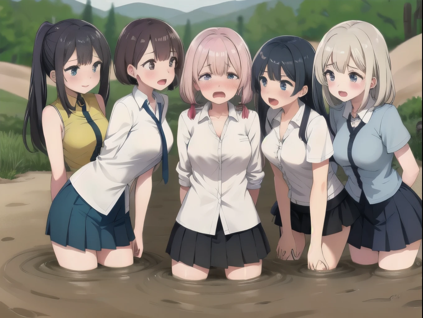 best quality, female, multiple girls, group submerged, standing, front view, muddy, large breasts, wasteland, desert, best quality, sinking, quicksand, 6girls, crowded, close up, sand, multiple girls, slender, blonde hair, black hair, blue hair, silver hair, red hair, pink hair, green hair, 6 girls, sukumizu, tears, blush, arms behind back, drowning, wrapped by quicksand, 6 girls in quicksand, top, desertscape, 6girls together, scream, struggling, drowning, 6 girls drowning, 6 girls wrapped by quicksand, eye glasses, brown skin, twin tails, bow shaped hair, ponytail, aichan, arisa ayase, button-up shirt, pleated miniskirt