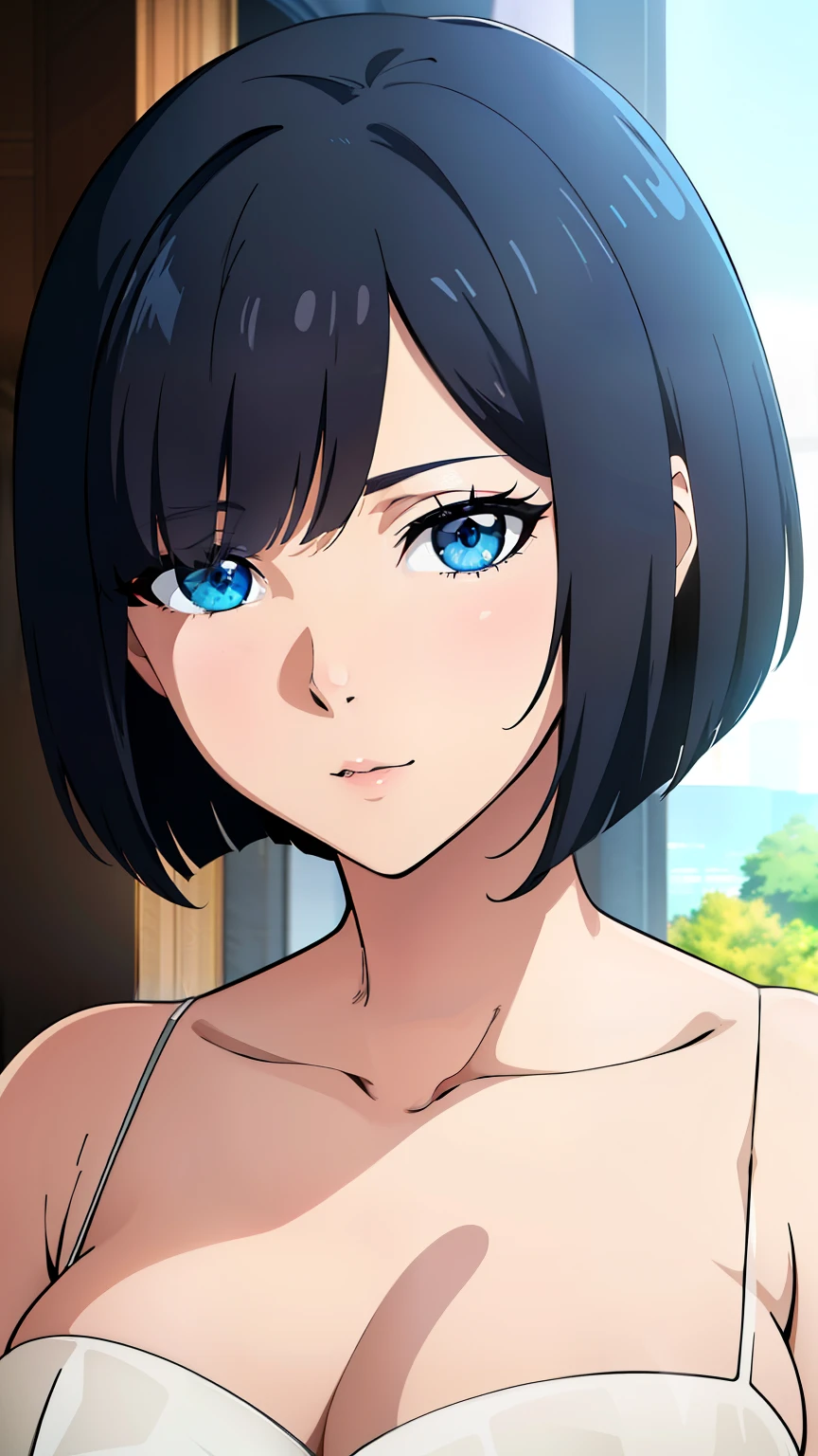 (best quality:1.5, highres, UHD, 4K, detailed lighting, shaders), black hair, bob cut, hair covering one eye, cool woman, cool girl, sharp eyes, blue eyes, beautiful, wedding background, wedding dress, (pov, close shot)