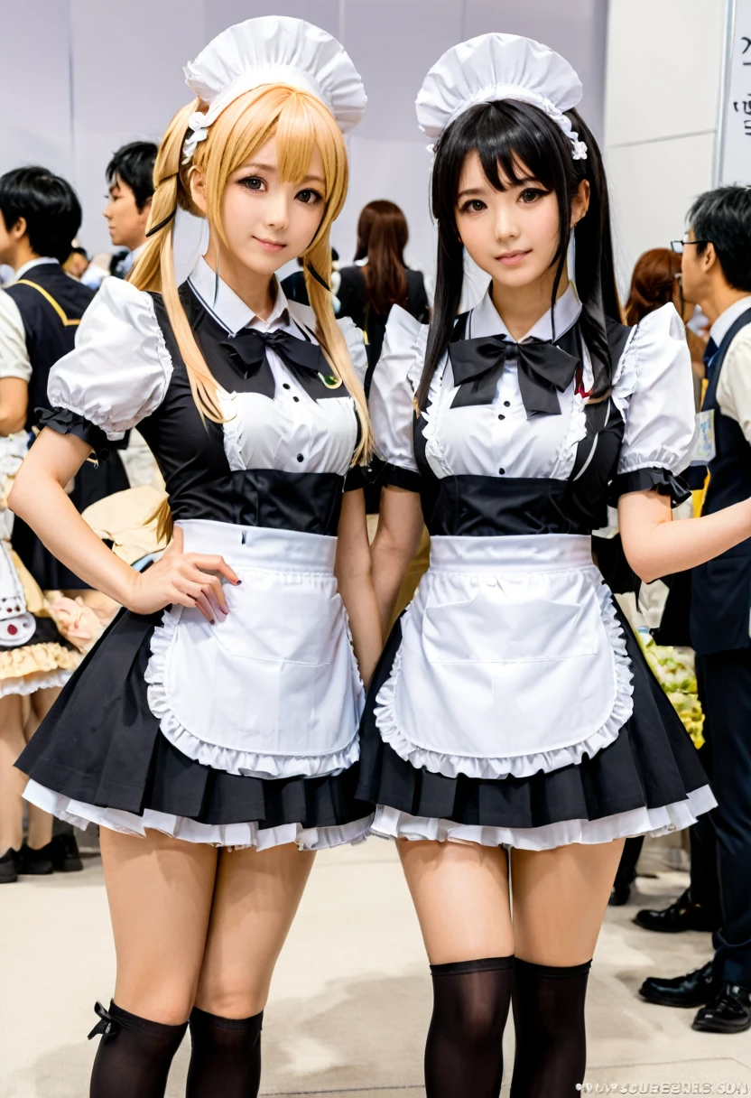 At the busy anime exhibition, In the cosplay area, several girls are dressed in various anime character maid costumes, some are "Haruki Suzumi", some are "The President is a Maid", attracting many fans to take photos as souvenirs, (masterpiece, best quality, Professional, perfect composition, very aesthetic, absurdres, ultra-detailed, intricate details:1.3)