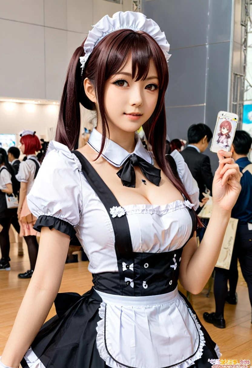 At the busy anime exhibition, In the cosplay area, several girls are dressed in various anime character maid costumes, some are "Haruki Suzumi", some are "The President is a Maid", attracting many fans to take photos as souvenirs, (masterpiece, best quality, Professional, perfect composition, very aesthetic, absurdres, ultra-detailed, intricate details:1.3)