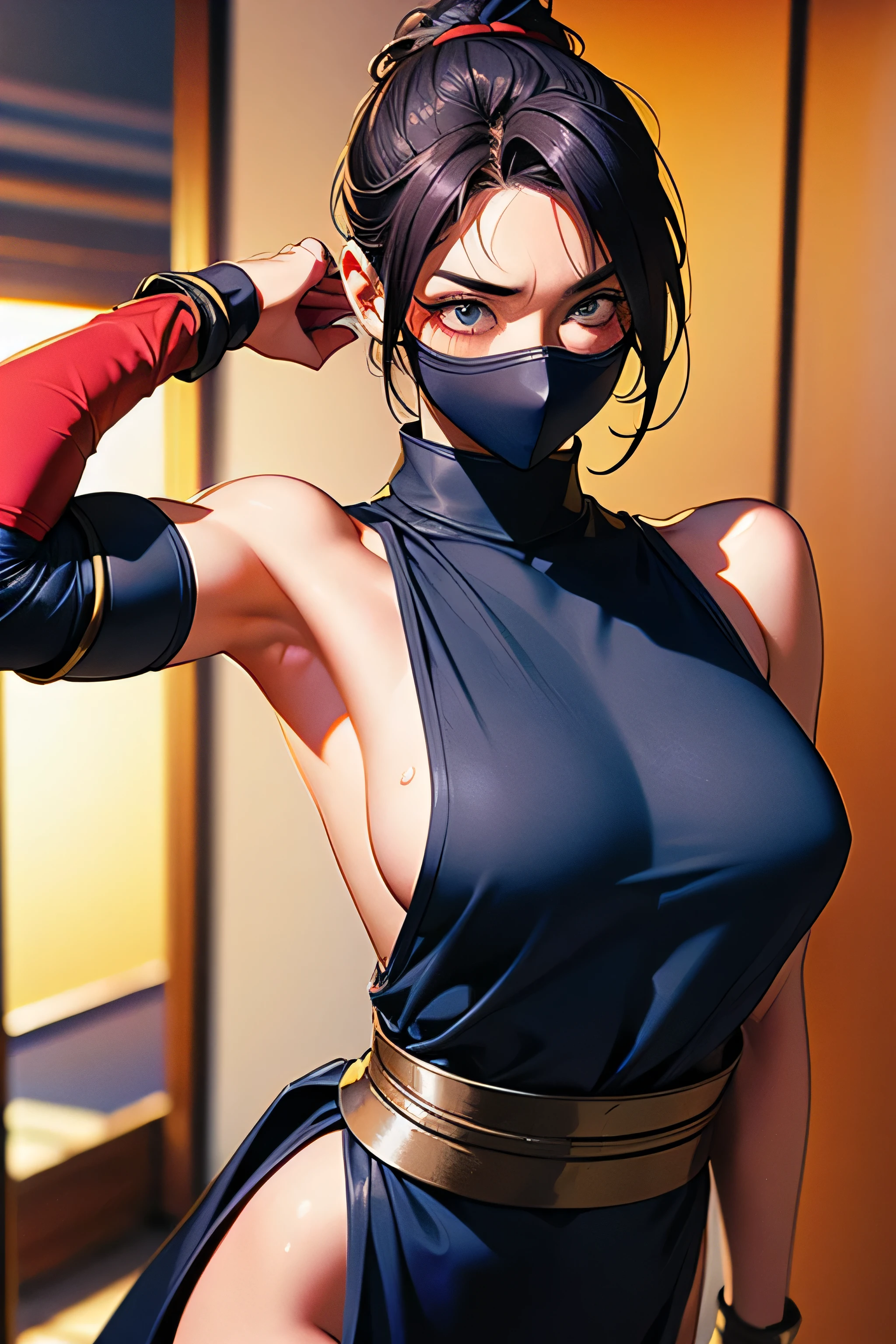 (masterpiece), (highest quality), (Super Detail), (Disheveled Hair), (shape), (One Girl), (whole body), (Stylishly decorated ninja costume), Leather Armlets, night、Standing in the hallway, The moonlight shining from behind her、Her body glows as if surrounded by an aura..., Dagger on hip, Japan with a sword on your back, Holding a kunai in the hand, Preparing to attack,arms up,armpits, armpits,sweat,sweaty,sweaty armpits,awesome armpits,sweating ,sleeveless,exhausted,tired, wearing arm bands,arms raised,very tired,sweating,arms raised,both arms raised,sweaty,red arm warmers,red arm bands,bluish black mask